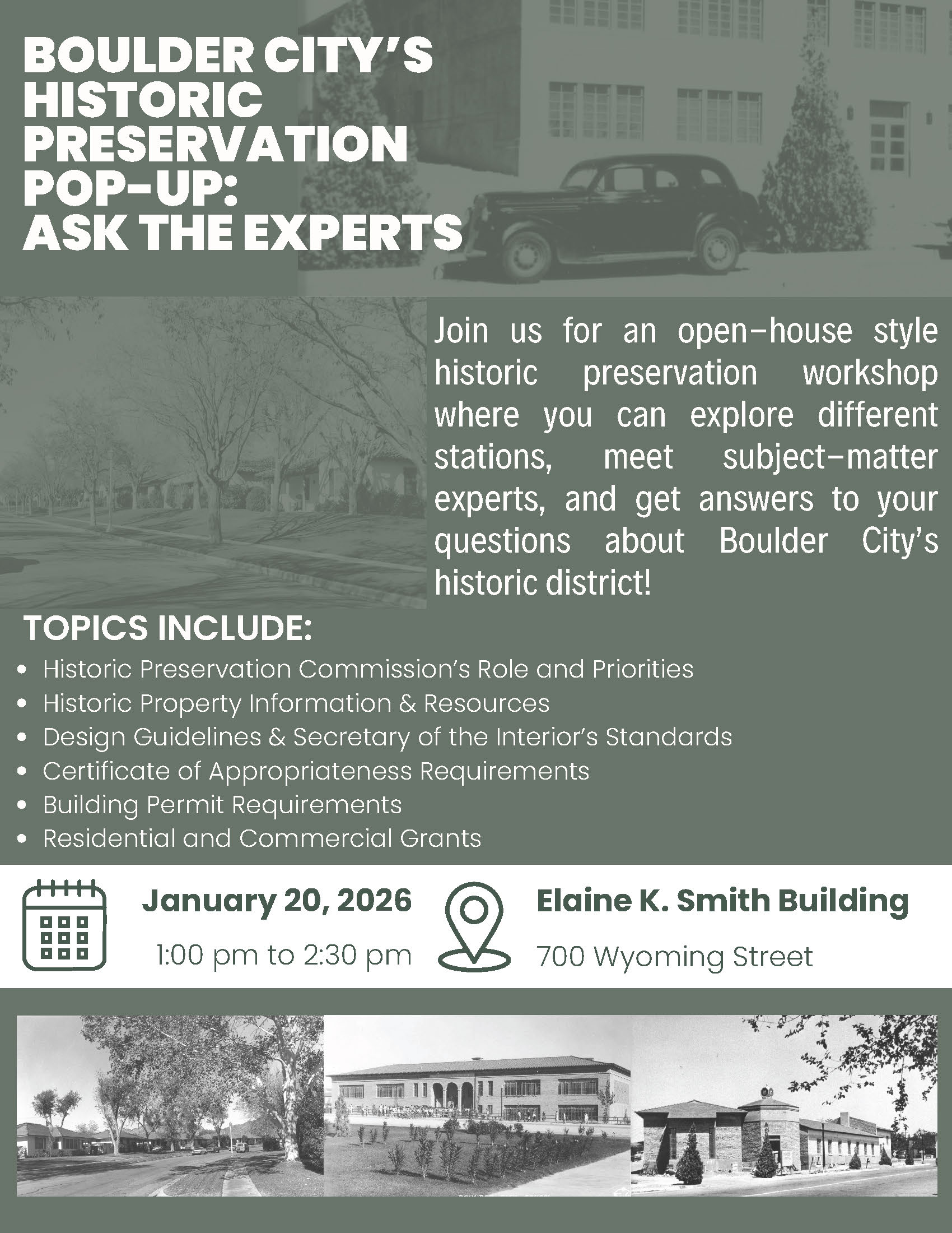 Historic Preservation Pop Up Workshop Flyerfor event on January 20, 2026